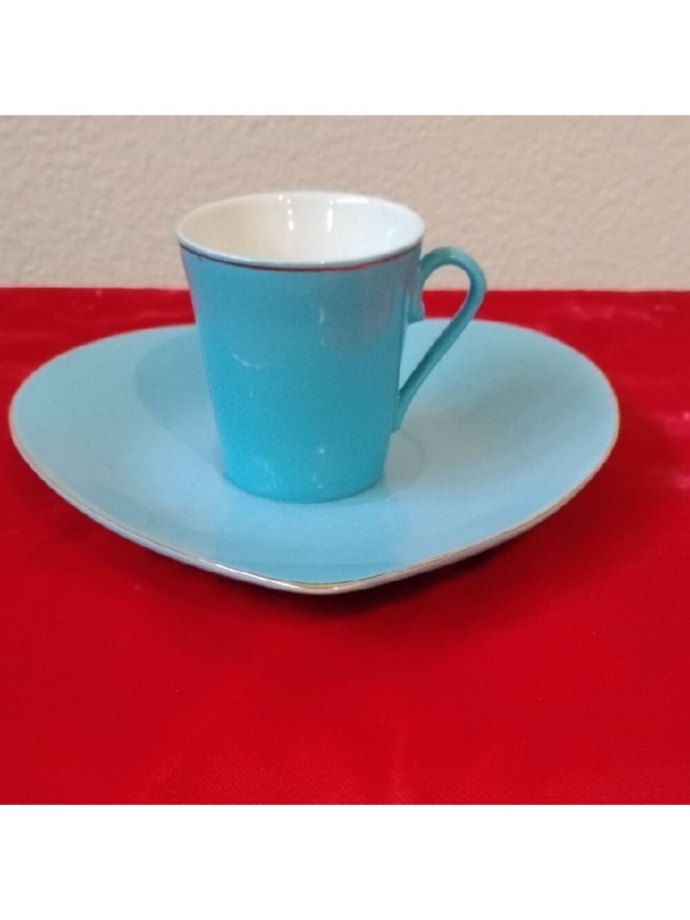 D- NWOT Blue Heart-Shaped Cup and Saucer Set